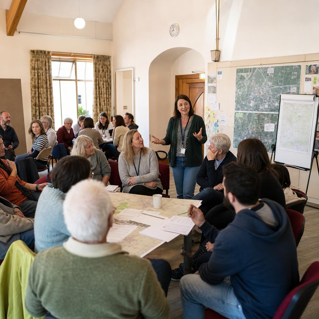 Community residents gathered around tables in a Devon village hall, collaborating with a facilitator on community placemaking and shared priorities