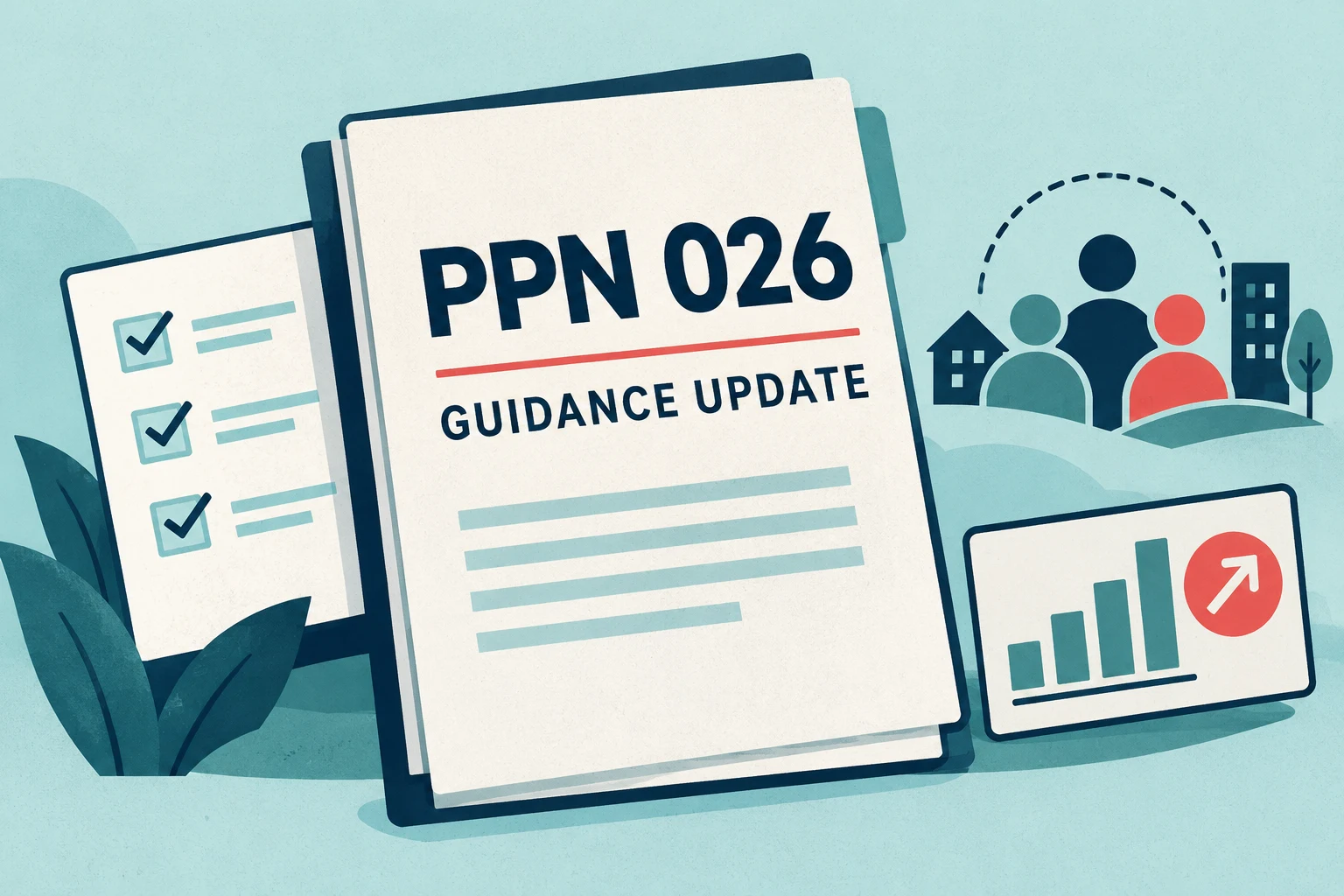 Illustration labelled PPN 026 Guidance Update, with a checklist, community figures and a reporting chart