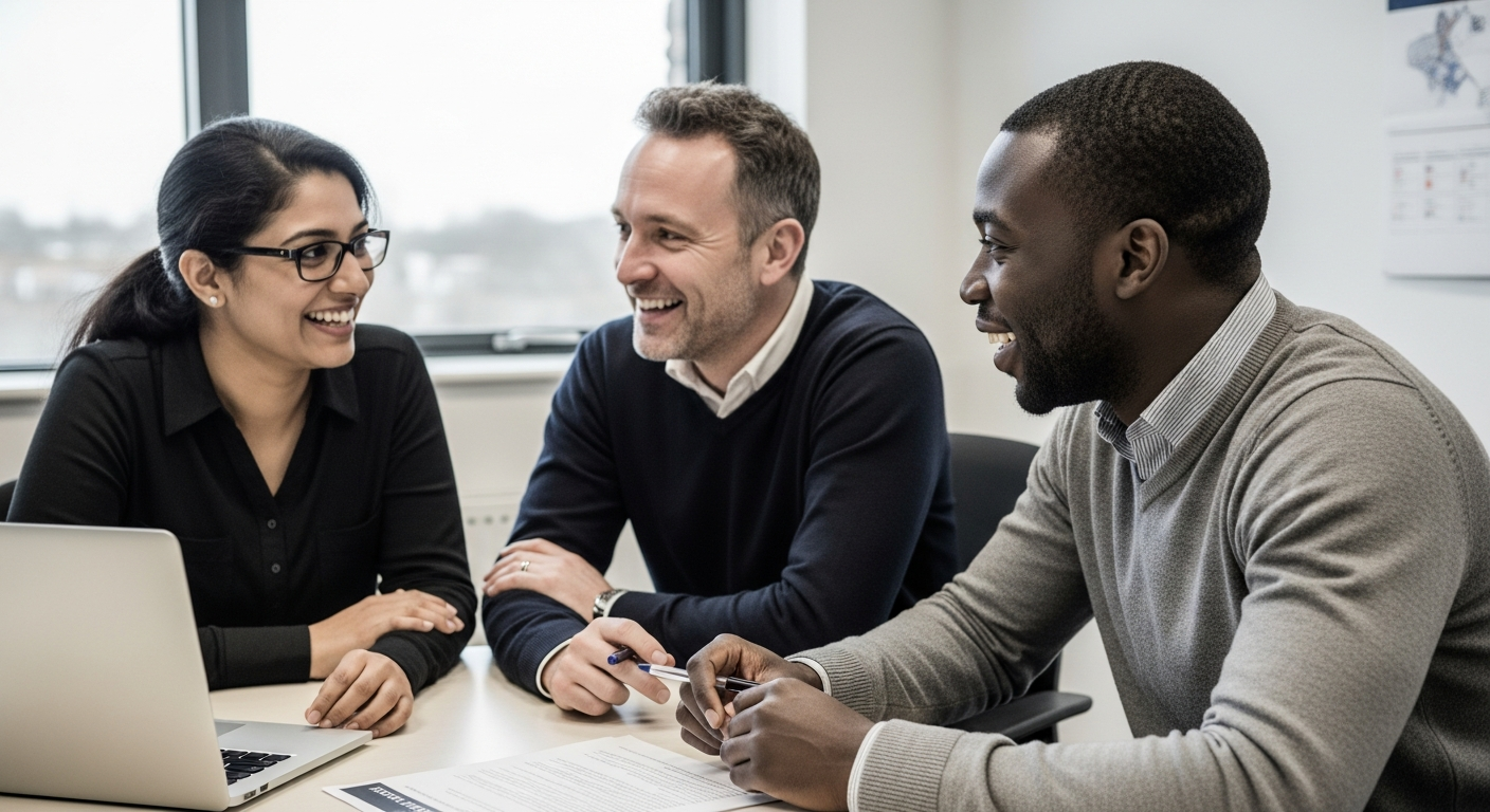 A diverse group of three professionals reviewing printed reports with charts and data in a UK office, illustrating the practical work of evidencing social value commitments in public sector procurement
