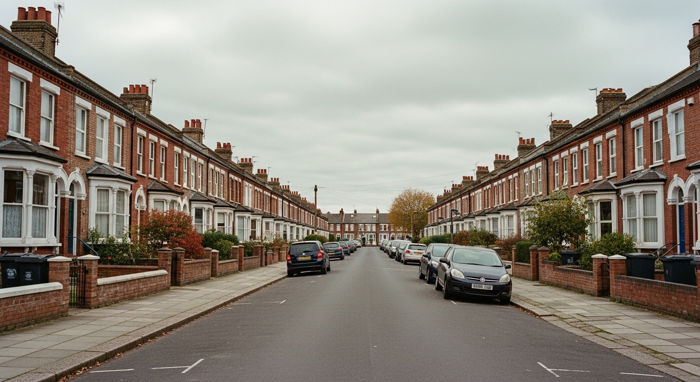 A quiet British residential street of red brick terraced houses with bay windows and small front gardens under an overcast sky, illustrating the place-based communities where housing associations deliver social value programmes